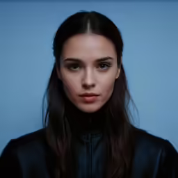 a woman wearing a black jacket and standing in front of a blue background
