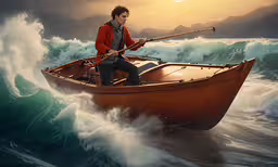 a man rowing a small wooden boat on an ocean,a man rowing a boat in a storm filled ocean