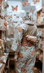 the woman in the kimono looks at many butterflies in the background
