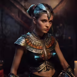 a beautiful young lady wearing armor and looking at the camera