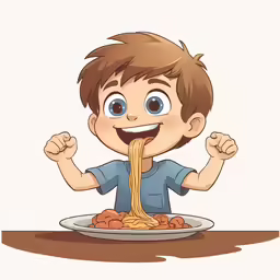 a child is eating some noodles with his hands in the air