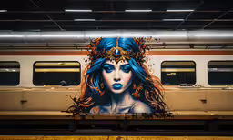 a portrait painted on a subway wall with a blue girl,there is a woman with blue makeup on her face