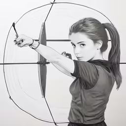 the black and white photo shows a woman holding an arrow in her left hand