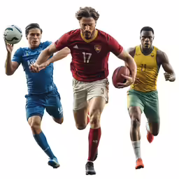 three athletes are racing through the air to win the ball