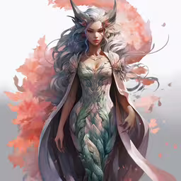 the white haired girl has horns and is wearing a cloak,the image shows the woman with horns on her head