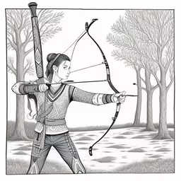 the drawing of a person standing in the woods with a bow,the drawing is of a woman aiming a bow,a drawing of an asian archer holding a bow,a drawing shows a person dressed in traditional china clothing and bow, with trees behind,a drawing of the girl holding a bow and arrow