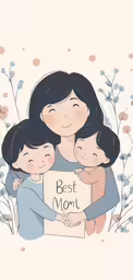 a woman with two children holding a sign that reads best mom