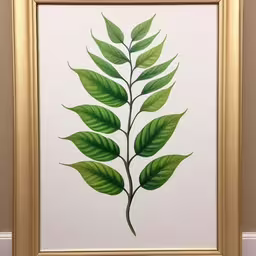 a painting of a green leaf in a gold frame,a painting is on the wall near a chair