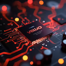 a red lit circuit board with the word ouby on it