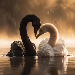 a swan and its baby are resting in the water