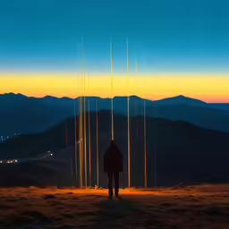 person stands in sunset on grassy area overlooking mountain range