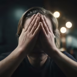a boy in a black shirt covering his eyes with his hands