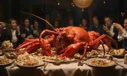 lobsters are displayed on plates and on serving platters while others sit in formal dress