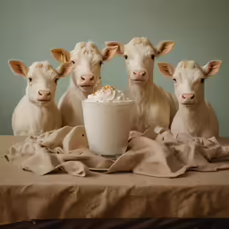 three animals standing around a cake sitting in a coffee cup