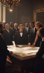 a group of people in suits stand around a table