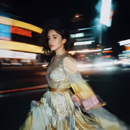 a woman in a gown and purse walking down a street