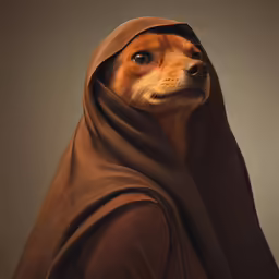a brown dog wearing a brown blanket over its head