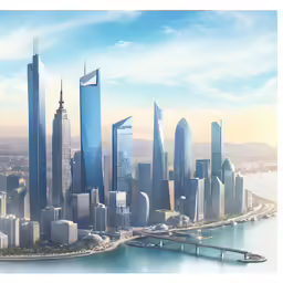 a city in the middle of a river with boats floating in front of it
