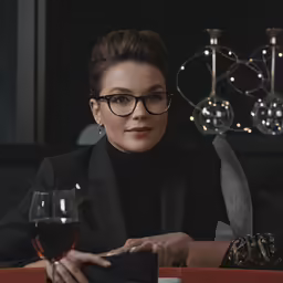 a beautiful young woman with glasses at a restaurant