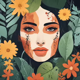 a woman with flowers on her face in front of green leaves,an illustration of a woman surrounded by leaves