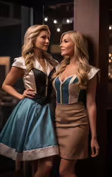 two women in costume are standing by the wall