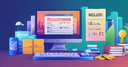 desktop computer screen, keyboard, sticky notes, flowers and pens,a computer, keyboard, and stacks of papers are on a desk