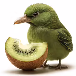 a green bird eating a piece of fruit