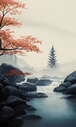 a stream near a forest that has red leaves