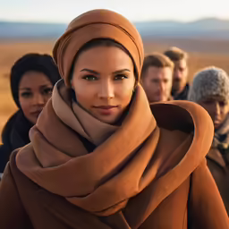 women standing outside with a man in the background