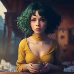 an animated rendering of a woman holding a cup