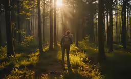 the sun shines brightly through the trees in a misty forest