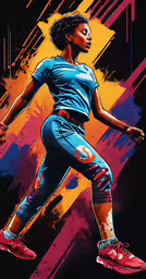 the character from the animated game basketball,a woman in a blue sports shirt and red sneakers