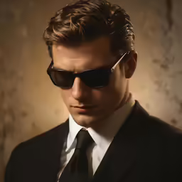 a man with sunglasses on a suit and tie