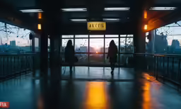 two women walking past large window in airport