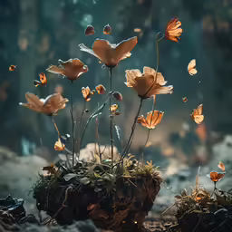 several flowers growing in the middle of a rocky area
