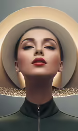 woman in white hat and green dress with zipper closed