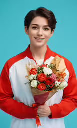 a female cook holding a bouquet of flowers and smiling