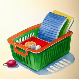 a painting of a basket full of food