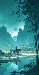 a man riding on the back of a horse over a river