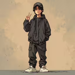 a boy in black is standing on top of a floor,an illustrated illustration of a boy standing with his hand up to the side