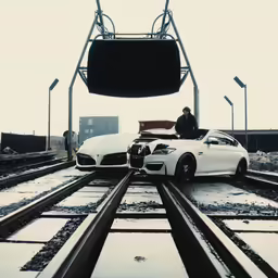 two cars sitting on top of train tracks next to each other