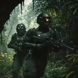two soldiers walk in a forest carrying guns