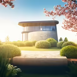 a rendering of a building near a bunch of flowers