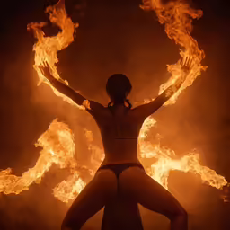 a woman standing in front of flames and dancing