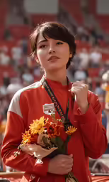 a woman is holding onto some flowers