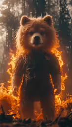 a teddy bear is standing on fire in the forest