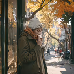 a woman wearing a hat and scarf is standing outside in the fall