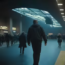 there is a man walking through an open air terminal