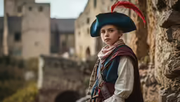 a woman in pirate clothing standing by a wall