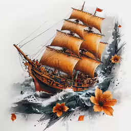 a sailing ship with orange and yellow flowers